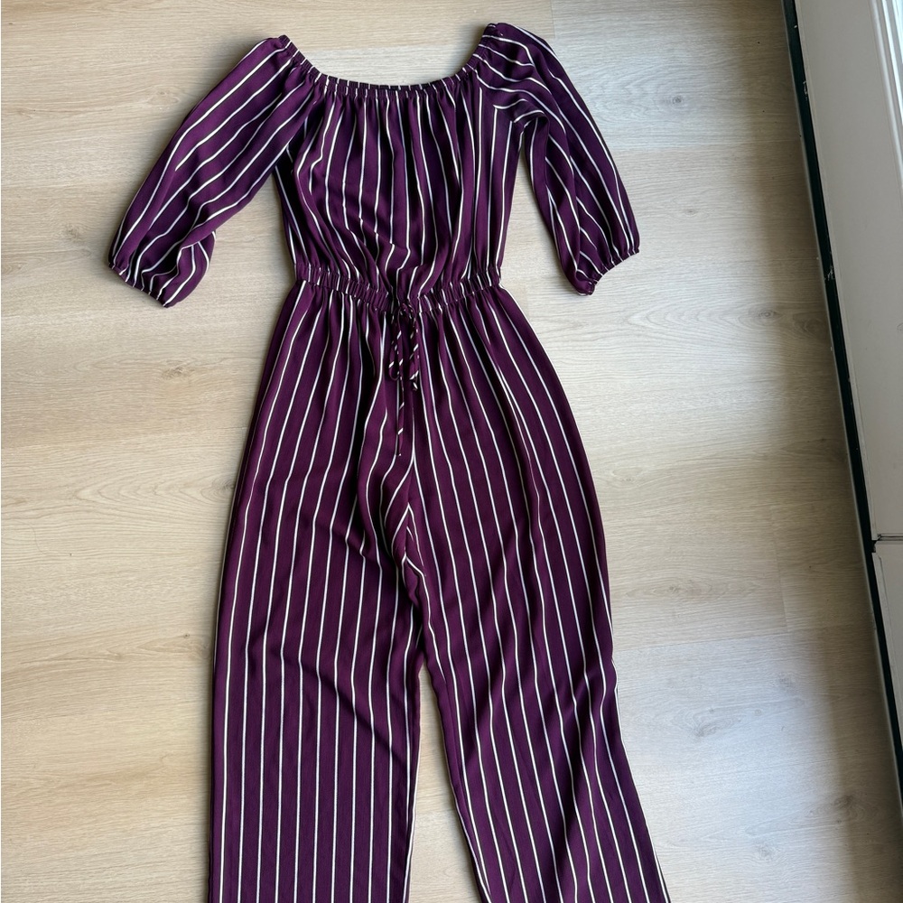 Plum Striped Off-Shoulder Jumpsuit